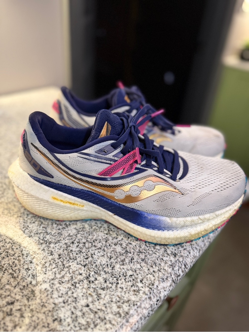 Saucony Women's Light Gray Navy and Gold Running Shoes with Pink Accents